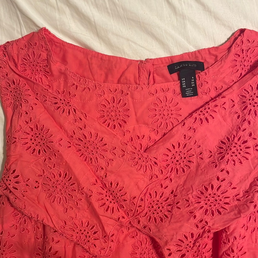 Lands End elbow sleeve eyelet coral top